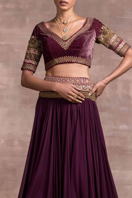 Buy_Tarun Tahiliani_Purple Blouse Velvet, Lehenga Kota V Neck Draped And Set _Online_at_Aza_Fashions