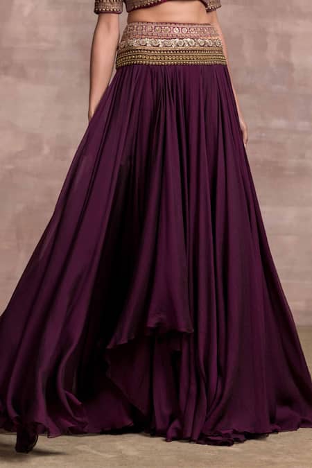 Shop_Tarun Tahiliani_Purple Blouse Velvet, Lehenga Kota V Neck Draped And Set _Online_at_Aza_Fashions