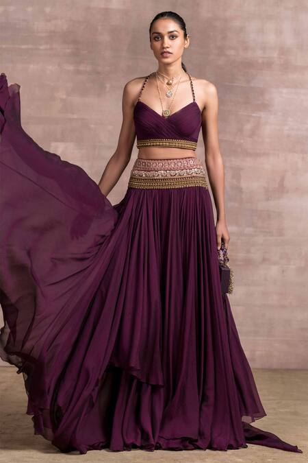 Tarun Tahiliani_Purple Lehenga Shot Chiffon V Neck Layered And Blouse Set_Online_at_Aza_Fashions