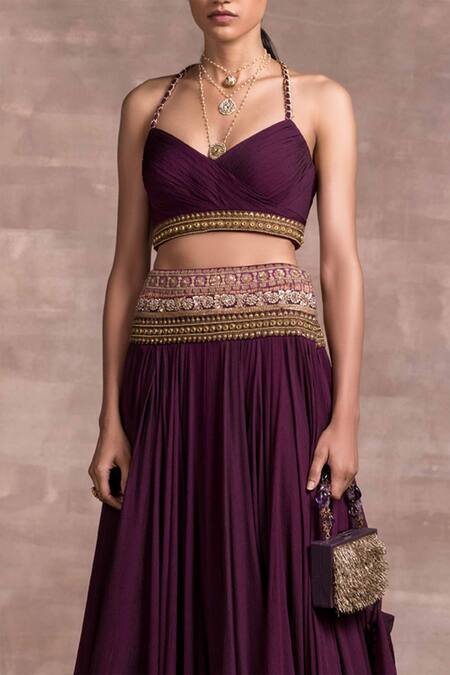 Buy_Tarun Tahiliani_Purple Lehenga Shot Chiffon V Neck Layered And Blouse Set_Online_at_Aza_Fashions