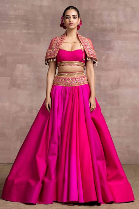 Tarun Tahiliani_Pink Bustier Velvet, Lehenga Shot Chiffon Sweetheart Neck Cape And Draped Set_Online_at_Aza_Fashions