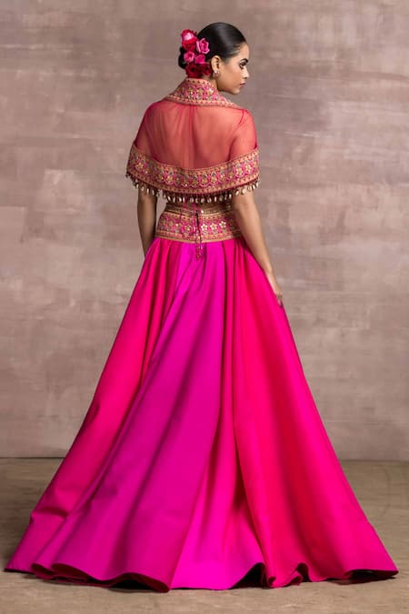 Shop_Tarun Tahiliani_Pink Bustier Velvet, Lehenga Shot Chiffon Sweetheart Neck Cape And Draped Set_at_Aza_Fashions
