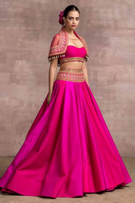 Buy_Tarun Tahiliani_Pink Bustier Velvet, Lehenga Shot Chiffon Sweetheart Neck Cape And Draped Set_Online_at_Aza_Fashions
