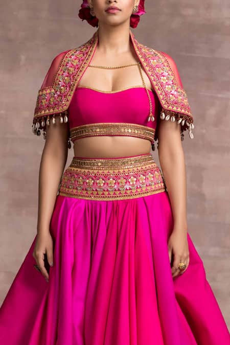Shop_Tarun Tahiliani_Pink Bustier Velvet, Lehenga Shot Chiffon Sweetheart Neck Cape And Draped Set_Online_at_Aza_Fashions