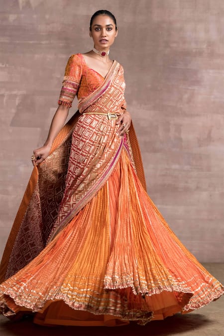Tarun Tahiliani_Orange Blouse Brocade, Dupatta Handloom V Neck Crinkled Lehenga Set_Online_at_Aza_Fashions
