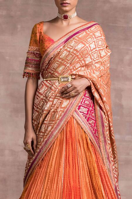 Buy_Tarun Tahiliani_Orange Blouse Brocade, Dupatta Handloom V Neck Crinkled Lehenga Set_Online_at_Aza_Fashions