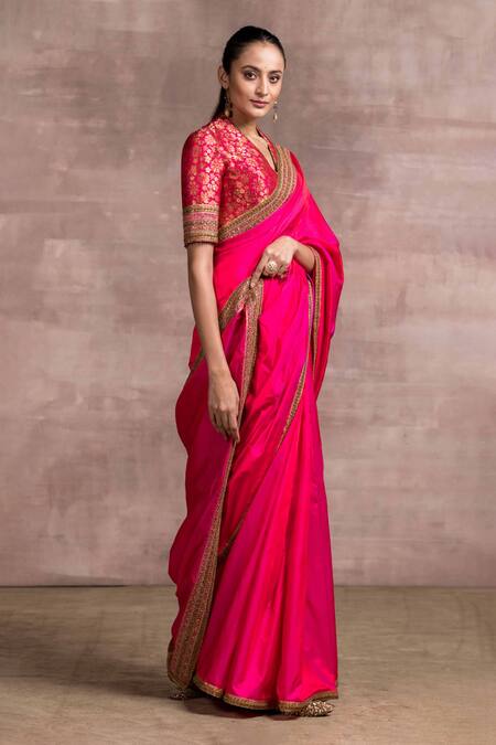 Tarun Tahiliani_Pink Blouse Brocade, Saree Satin Silk V Neck With_Online_at_Aza_Fashions