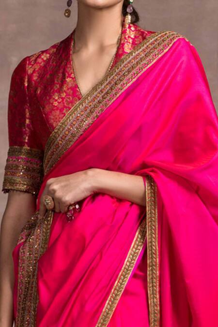 Buy_Tarun Tahiliani_Pink Blouse Brocade, Saree Satin Silk V Neck With_Online_at_Aza_Fashions