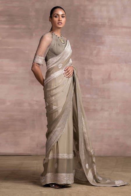 Tarun Tahiliani_Grey Blouse Chiffon, Saree Georgette Round Handloom With_Online_at_Aza_Fashions