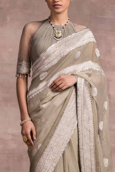 Buy_Tarun Tahiliani_Grey Blouse Chiffon, Saree Georgette Round Handloom With_Online_at_Aza_Fashions