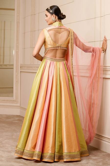 Shop Tarun Tahiliani Multi Color Dupatta Tulle, Lehenga And Blouse Brocade V Neck Kalidar Bridal Set at Aza Fashions Shop_Tarun Tahiliani_Multi Color Dupatta Tulle, Lehenga And Blouse Brocade V Neck Kalidar Bridal Set_at_Aza_Fashions