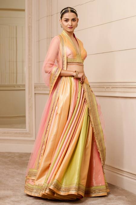 Tarun Tahiliani Multi Color Dupatta Tulle, Lehenga And Blouse Brocade V Neck Kalidar Bridal Set Online at Aza Fashions Tarun Tahiliani_Multi Color Dupatta Tulle, Lehenga And Blouse Brocade V Neck Kalidar Bridal Set_Online_at_Aza_Fashions