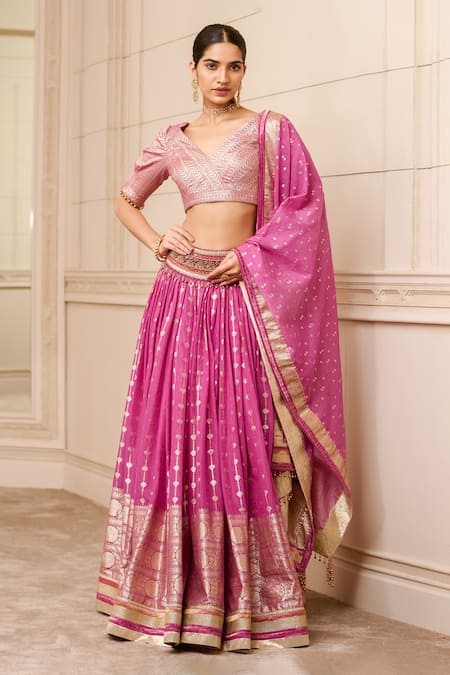 Embroidered Art Silk Jacquard Lehenga in Peach and Fuchsia : LYC2909