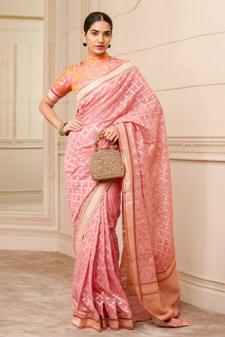 Tarun Tahiliani Pink Brocade Checkered Pattern Saree 