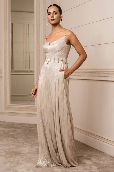 Tarun Tahiliani_Gold Poly Satin Crinkle Notched Metallic Sleeveless Jumpsuit_Online_at_Aza_Fashions