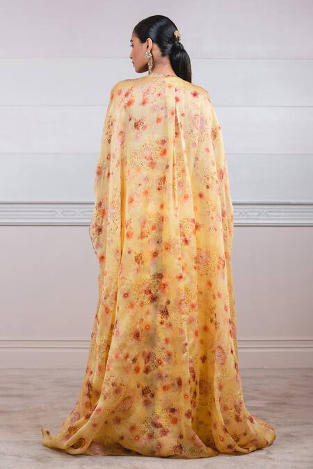 Shop_Tarun Tahiliani_Yellow Sheer Silk One Shoulder Printed Cape And Palazzo Set _at_Aza_Fashions