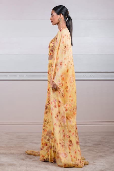 Buy_Tarun Tahiliani_Yellow Sheer Silk One Shoulder Printed Cape And Palazzo Set _Online_at_Aza_Fashions