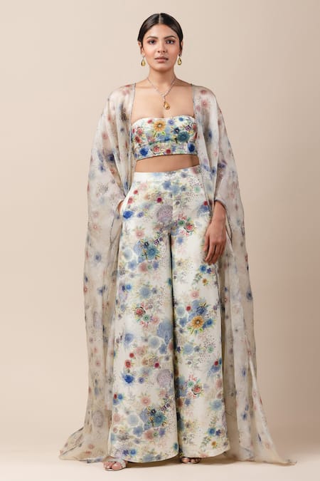 Tarun Tahiliani Silk Cape & Printed Pant Set 