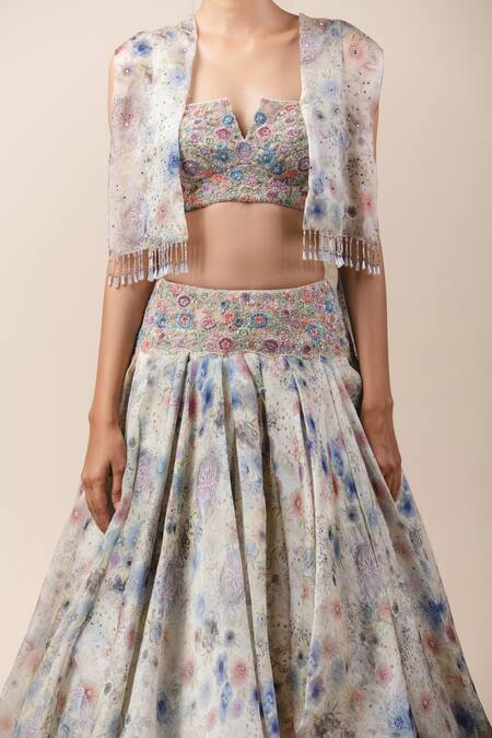 Buy_Tarun Tahiliani_Multi Color Tulle, Sheer Silk Tassel Cape And Lehenga Set_Online_at_Aza_Fashions