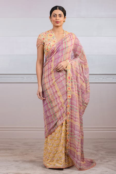 Tarun Tahiliani Yellow Georgette V Neck Hand Painted Saree With Blouse 