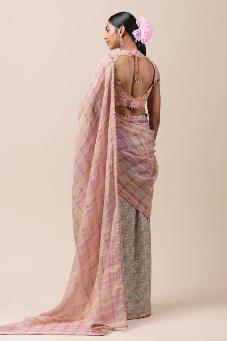 Shop Tarun Tahiliani Multi Color Tulle, Georgette, Zari Chanderi V Hand Painted Saree With Blouse at Aza Fashions Shop_Tarun Tahiliani_Multi Color Tulle, Georgette, Zari Chanderi V Hand Painted Saree With Blouse_at_Aza_Fashions