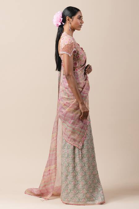 Tarun Tahiliani Multi Color Tulle, Georgette, Zari Chanderi V Hand Painted Saree With Blouse Online at Aza Fashions Tarun Tahiliani_Multi Color Tulle, Georgette, Zari Chanderi V Hand Painted Saree With Blouse_Online_at_Aza_Fashions