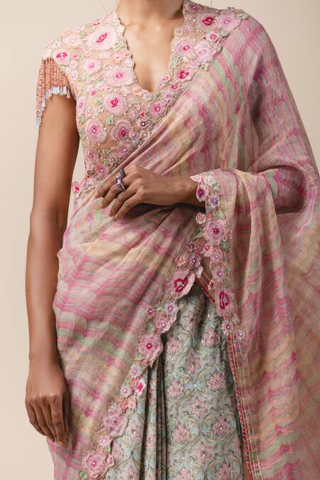Buy Tarun Tahiliani Multi Color Tulle, Georgette, Zari Chanderi V Hand Painted Saree With Blouse Online at Aza Fashions Buy_Tarun Tahiliani_Multi Color Tulle, Georgette, Zari Chanderi V Hand Painted Saree With Blouse_Online_at_Aza_Fashions