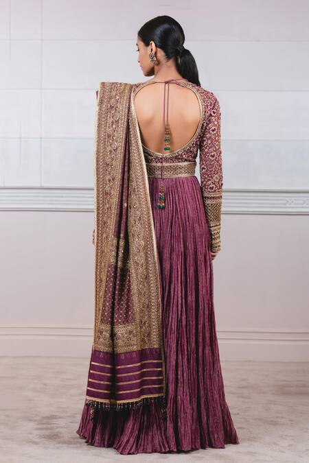 Shop Tarun Tahiliani Purple Brocade, Striped Zari Chanderi V Neck Crushed Anarkali With Dupatta at Aza Fashions Shop_Tarun Tahiliani_Purple Brocade, Striped Zari Chanderi V Neck Crushed Anarkali With Dupatta_at_Aza_Fashions