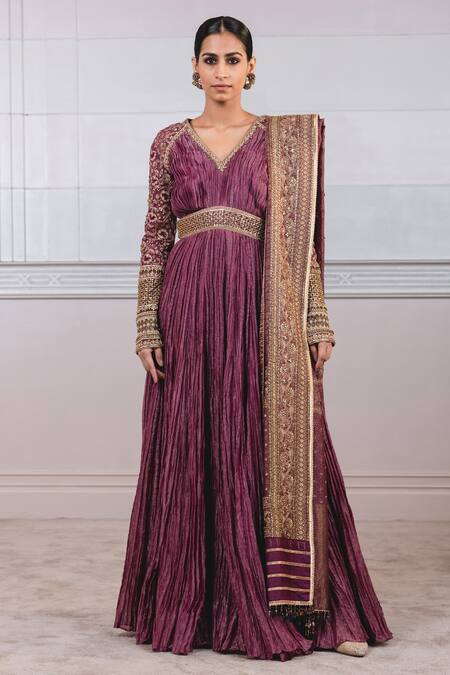 Tarun Tahiliani Purple Brocade, Striped Zari Chanderi V Neck Crushed Anarkali With Dupatta Online at Aza Fashions Tarun Tahiliani_Purple Brocade, Striped Zari Chanderi V Neck Crushed Anarkali With Dupatta_Online_at_Aza_Fashions