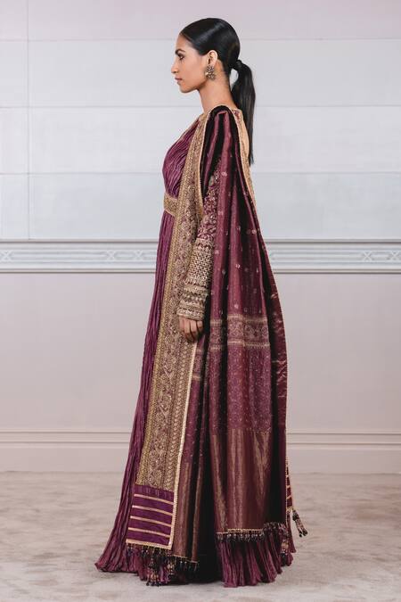 Buy Tarun Tahiliani Purple Brocade, Striped Zari Chanderi V Neck Crushed Anarkali With Dupatta Online at Aza Fashions Buy_Tarun Tahiliani_Purple Brocade, Striped Zari Chanderi V Neck Crushed Anarkali With Dupatta_Online_at_Aza_Fashions