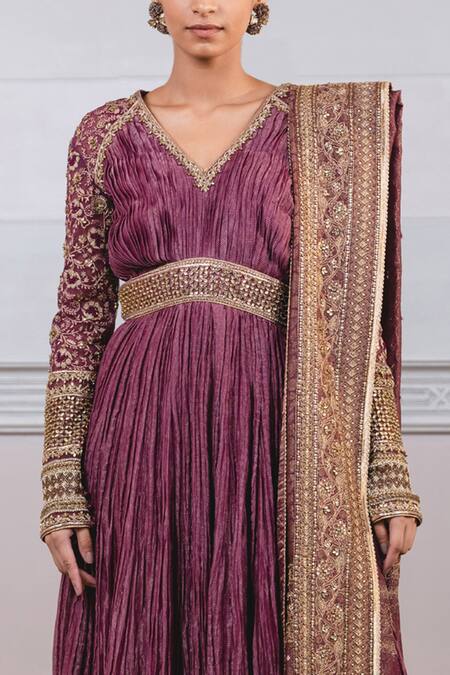 Shop Tarun Tahiliani Purple Brocade, Striped Zari Chanderi V Neck Crushed Anarkali With Dupatta Online at Aza Fashions Shop_Tarun Tahiliani_Purple Brocade, Striped Zari Chanderi V Neck Crushed Anarkali With Dupatta_Online_at_Aza_Fashions