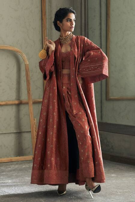 Shop_Tarun Tahiliani_Maroon Chanderi, Brocade Meenakari Jacket And Pant Set_at_Aza_Fashions