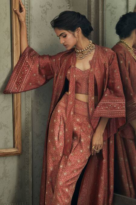 Tarun Tahiliani_Maroon Chanderi, Brocade Meenakari Jacket And Pant Set_Online_at_Aza_Fashions