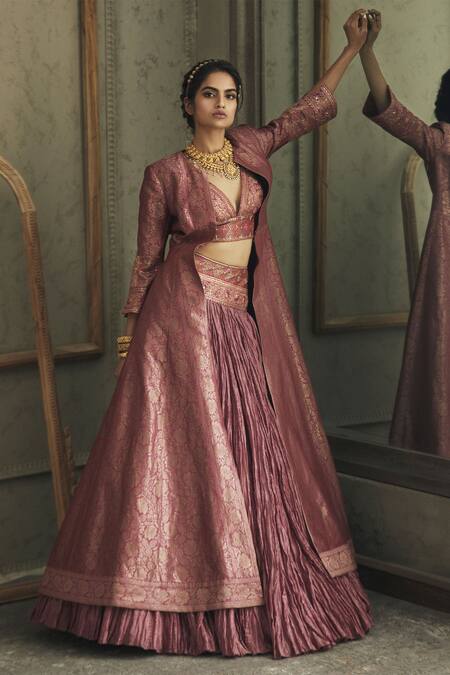 Shop_Tarun Tahiliani_Pink Chanderi, Brocade V Neck Jacket And Skirt Set_at_Aza_Fashions