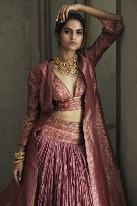 Tarun Tahiliani_Pink Chanderi, Brocade V Neck Jacket And Skirt Set_Online_at_Aza_Fashions