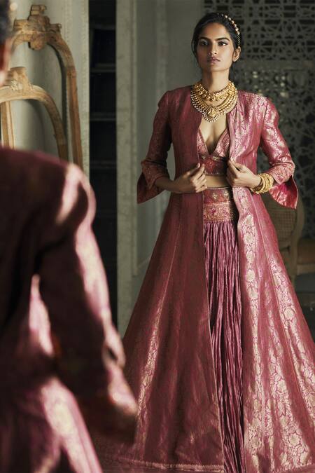 Buy_Tarun Tahiliani_Pink Chanderi, Brocade V Neck Jacket And Skirt Set_Online_at_Aza_Fashions