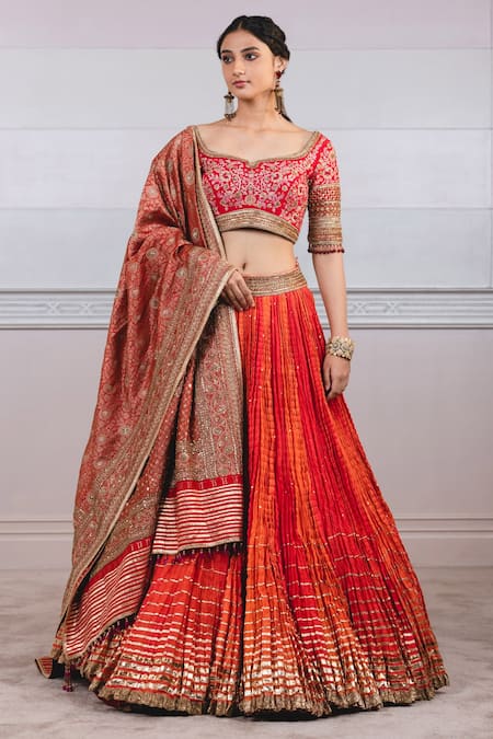 Tarun Tahiliani_Orange Chanderi, Brocade Scoop Neck Crushed Bridal Lehenga Set_Online_at_Aza_Fashions