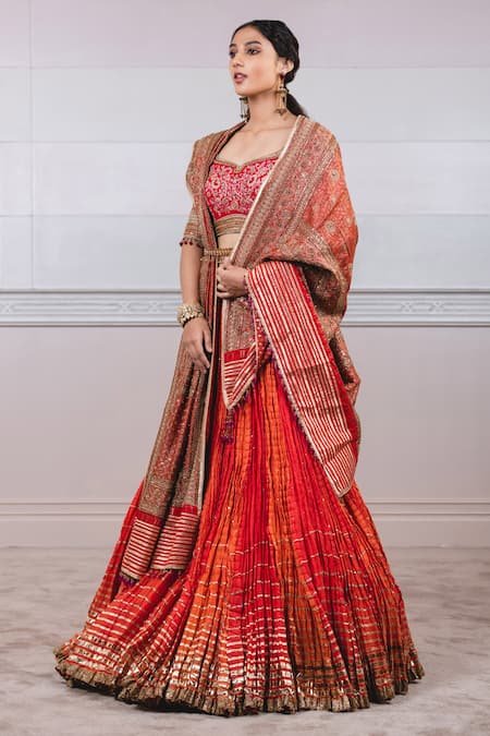 Buy_Tarun Tahiliani_Orange Chanderi, Brocade Scoop Neck Crushed Bridal Lehenga Set_Online_at_Aza_Fashions