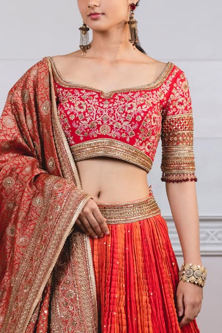 Shop_Tarun Tahiliani_Orange Chanderi, Brocade Scoop Neck Crushed Bridal Lehenga Set_Online_at_Aza_Fashions