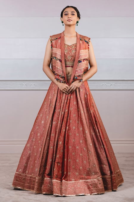 Tarun Tahiliani Pink Brocade V Neck Lehenga Set With Gilet 