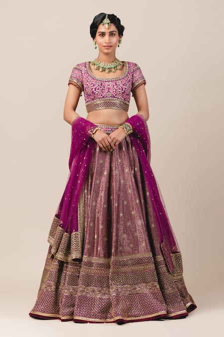 Buy Multi Color Lehenga And Blouse Silk Velvet Printed Floral V Bridal Set  For Women by Tarun Tahiliani Online at Aza Fashions.
