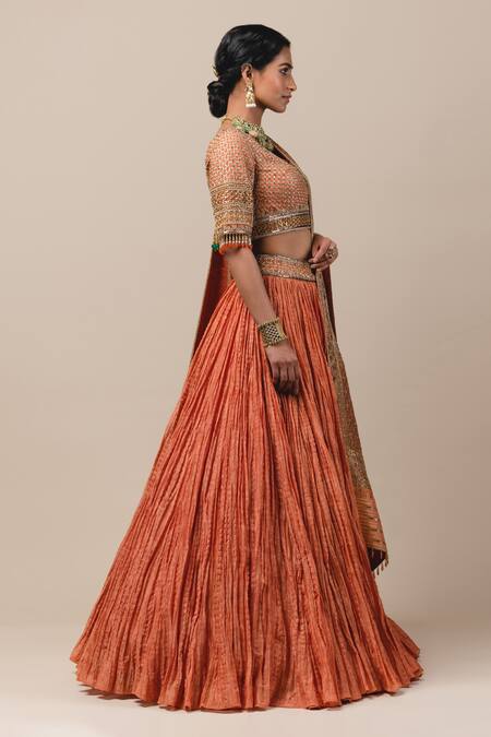 Tarun Tahiliani_Orange Chanderi, Brocade V Neck Crushed Bridal Lehenga Set_Online_at_Aza_Fashions