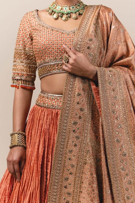 Shop_Tarun Tahiliani_Orange Chanderi, Brocade V Neck Crushed Bridal Lehenga Set_Online_at_Aza_Fashions