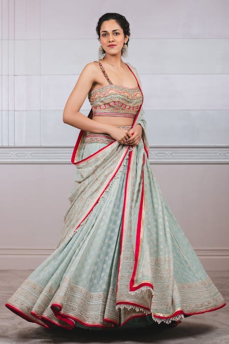 Tarun Tahiliani_Blue Chiffon, Dupion Scoop Chikankari Embroidered Bridal Lehenga Set_Online_at_Aza_Fashions