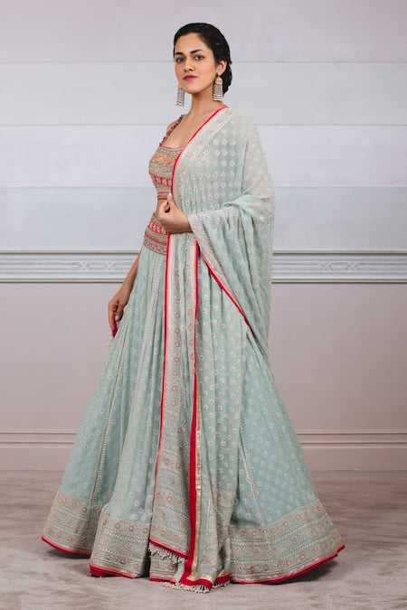 Buy_Tarun Tahiliani_Blue Chiffon, Dupion Scoop Chikankari Embroidered Bridal Lehenga Set_Online_at_Aza_Fashions