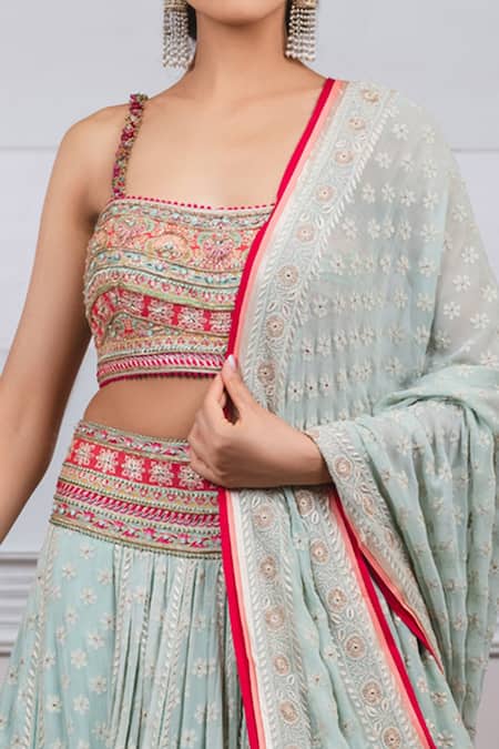 Shop_Tarun Tahiliani_Blue Chiffon, Dupion Scoop Chikankari Embroidered Bridal Lehenga Set_Online_at_Aza_Fashions