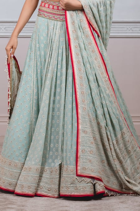 Tarun Tahiliani_Blue Chiffon, Dupion Scoop Chikankari Embroidered Bridal Lehenga Set_at_Aza_Fashions