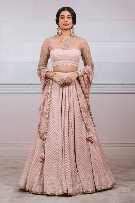 Tarun Tahiliani_Pink Silk Chiffon Round Chevron Chikankari Lehenga Set_Online_at_Aza_Fashions