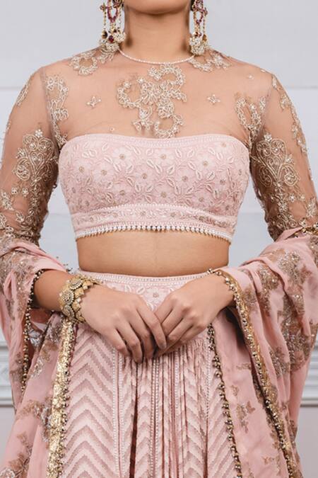 Shop_Tarun Tahiliani_Pink Silk Chiffon Round Chevron Chikankari Lehenga Set_Online_at_Aza_Fashions