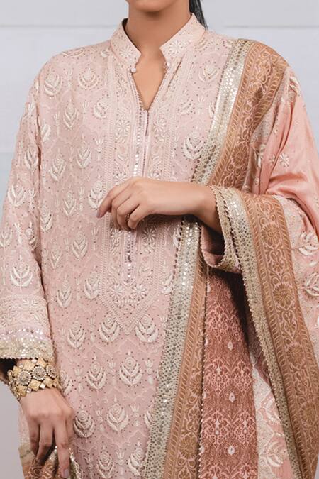 Shop_Tarun Tahiliani_Pink Silk Chiffon Mandarin Collar Chikankari Embroidered Kurta Set_Online_at_Aza_Fashions